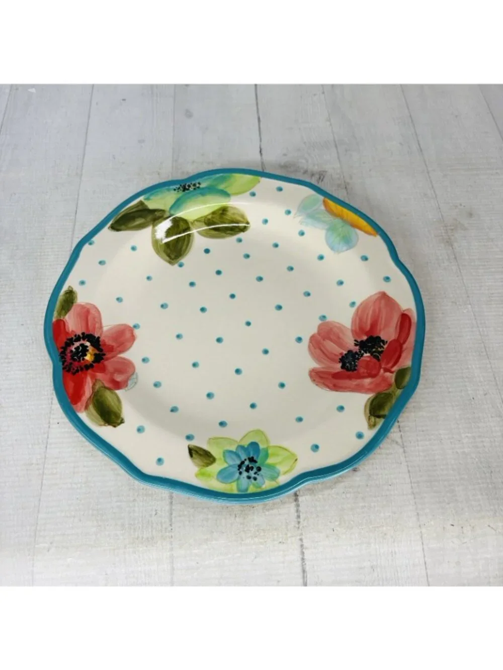 The Pioneer Woman VINTAGE BLOOM Scallop Floral  Teal Trim Stoneware Dinner Set 3
